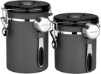 HAIOOU Airtight Coffee Canister, 22OZ +16OZ 2 Piece Stainless Steel Coffee Bean Storage Container with Date Tracker, Measuring Scoop, 6Pcs CO2 Valves, Mini Tongs for Coffee Bean, Grounds - Grey