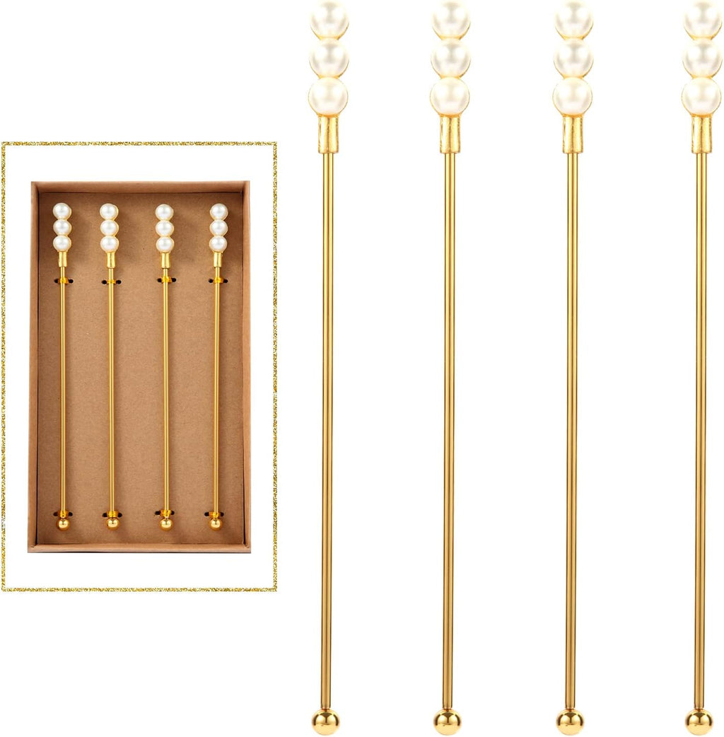 Exquisite Gold Pearl Stainless Steel Coffee Beverage Stirrers Stir Cocktail Drink Swizzle Stick for Wendding Party Value Pack, Hostess Gifts Set of 4, 7.5 Inches Long