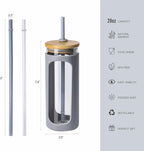 Kodrine 20oz Glass Water Tumbler with Straw and Lid, Bamboo Lids Water Bottle, Iced Coffee Cup Reusable, Wide Mouth Smoothie Cups with Protective Silicone Sleeve BPA FREE-Grey