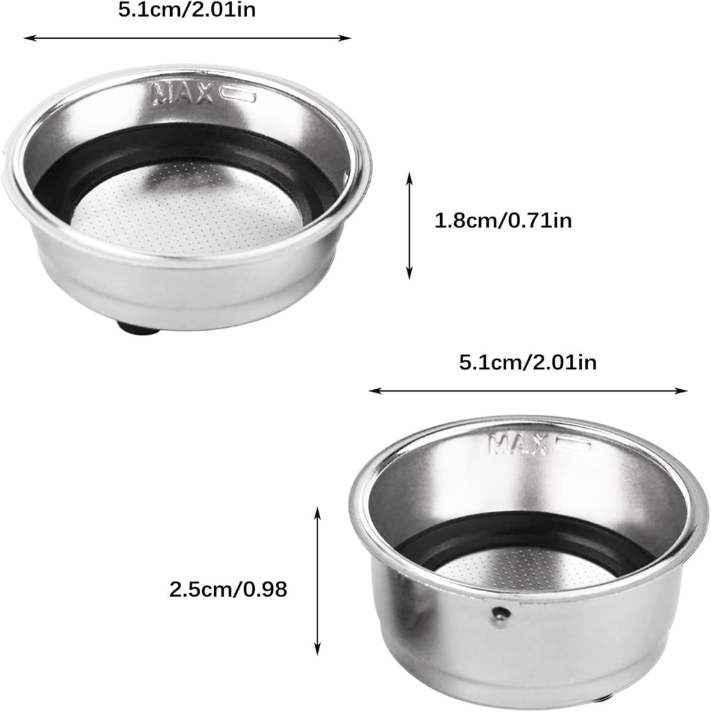 2Pcs Coffee Filter Basket, 51mm Pressurized Coffee Filter Cups Strainer Stainless Steel With Strainer, Coffee Detachable Espresso Machine Portafilter Basket Replacement for Home Office (Single+Double)