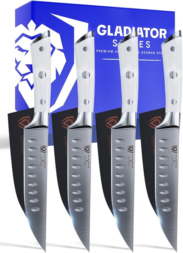 Dalstrong Steak Knife Set-4-5 Straight Blade Edge-Gladiator Series-Forged German High-Carbon Steel-w/Sheaths-Glacial White ABS Handle-Dinner Set Kitchen Knives