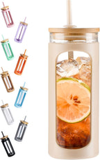 Kodrine 20oz Glass Tumbler with Straw and Lid, Iced Coffee Cups with Bamboo Lids, Glass Cups for Cold Drinks, Smoothie Cup with Silicone Sleeve for Travel, Work, BPA FREE-Oatmeal