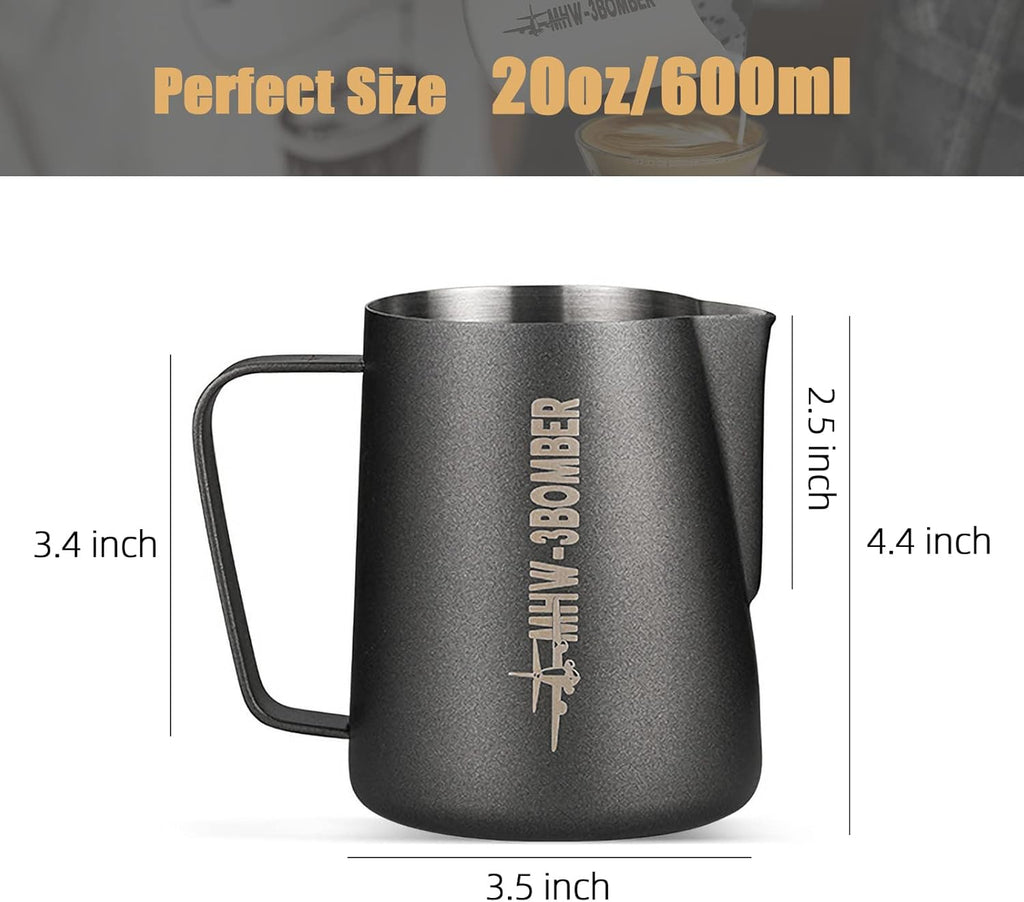 MHW-3BOMBER Milk Frothing Pitcher, 20oz/600ml Milk Frother Cup for Barista, SUS304 Stainless Steel Espresso Steaming Pitchers for Milk/Coffee/Latte Art (Matte Black) P3014B-OS