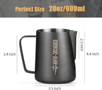 MHW-3BOMBER Milk Frothing Pitcher, 20oz/600ml Milk Frother Cup for Barista, SUS304 Stainless Steel Espresso Steaming Pitchers for Milk/Coffee/Latte Art (Matte Black) P3014B-OS