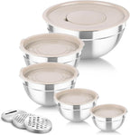TeamFar Mixing Bowls with Airtight Lids, 5PCS Stainless Steel Metal Salad Bowl with 3 Grater Attachments, for Cooking, Prepping, Serving, Healthy & Easy Clean - 0.7/1/1.5/2.6/4.6QT, Khaki