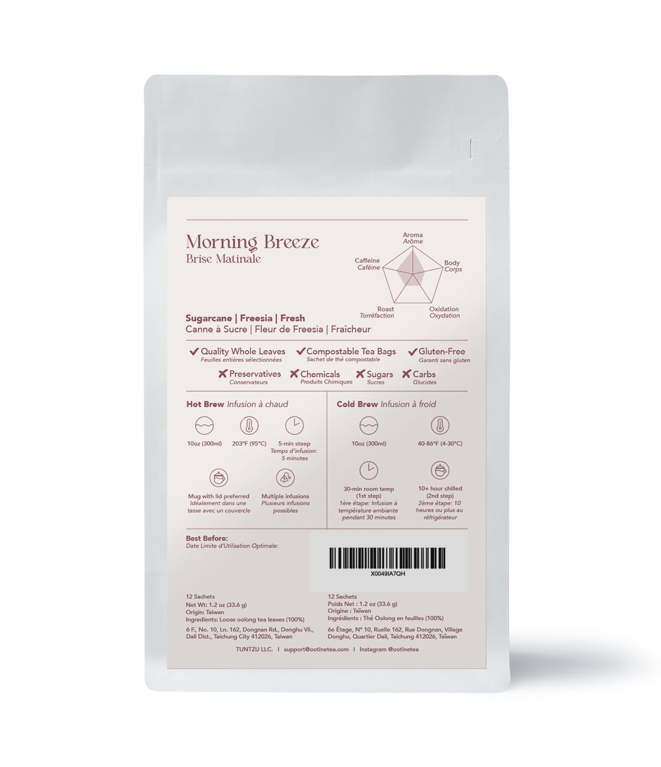 OOTINE | Morning Breeze Taiwan Oolong Tea (12 Sachets) | Lightly Oxidized for a Fresh, Green-Tea-Like Taste | Sugarcane & Freesia Notes | Hand-Picked Whole Leaves, Plastic-Free Sachets | Supports Gut Health & Multiple Infusions, Travel-Ready