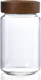 24 oz/710 ml Glass Jar with Airtight Wooden Screw Top Lid, Clear Stackable Food Storage Canister, Medium Cute Decorative Glass Container for Coffee, Candy, Cookie, Sugar, Oatmeal, Salt, Spice