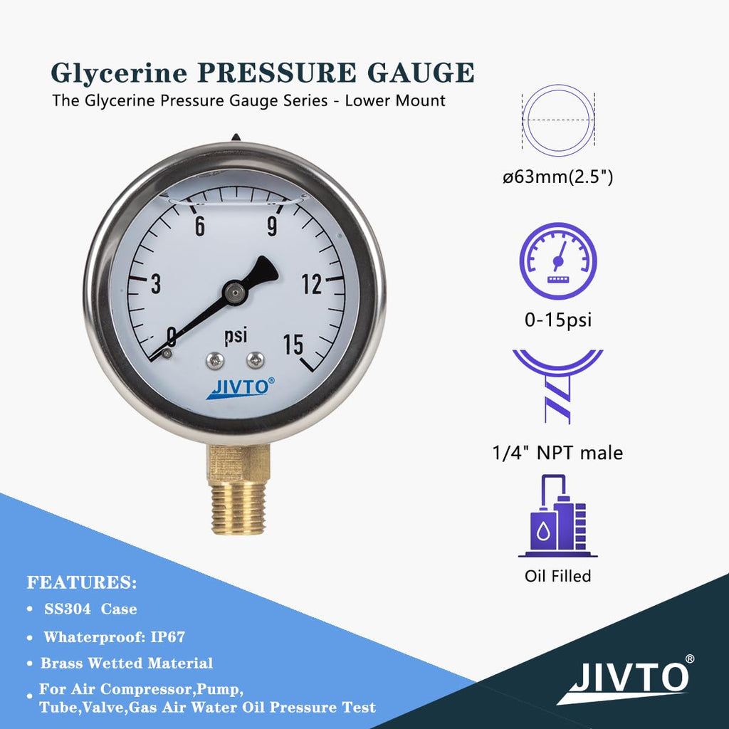 Pressure Gauge,Glycerin Liquid Filled,2.5" Dia,0-15 psi(Single Scale),1/4" NPT Brass Connection,Lower Mount, Stainless Steel Case,for Pneumatic,Pump,Hose,Well Tank,Gas Air Water Oil