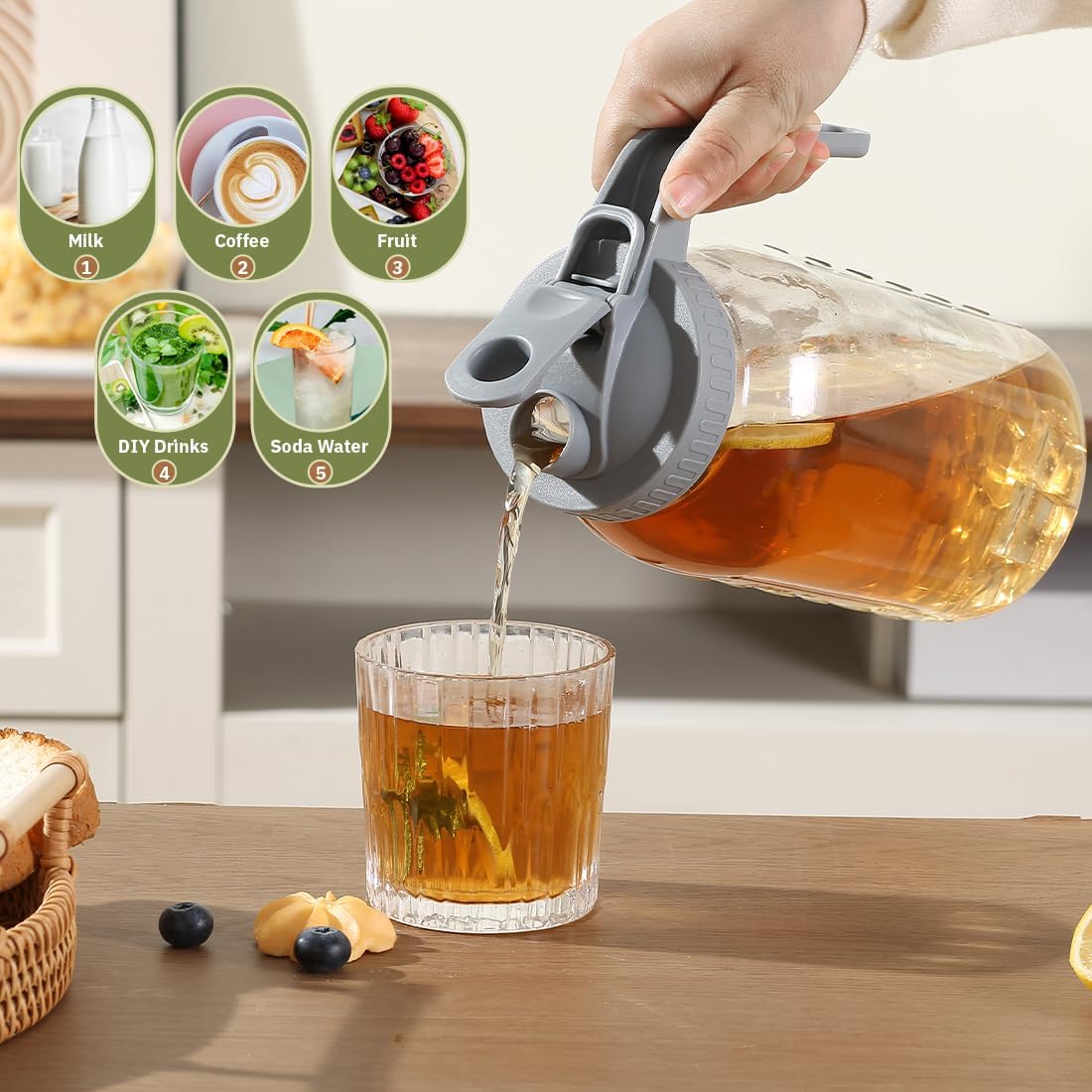 Glass Tea Pitcher with Wide Mouth Airtight Lid Leak Proof Fridge Container with Gray Lid Mason Jar for Water, Tea,Juice and Drinks (1 Pack-64OZ)