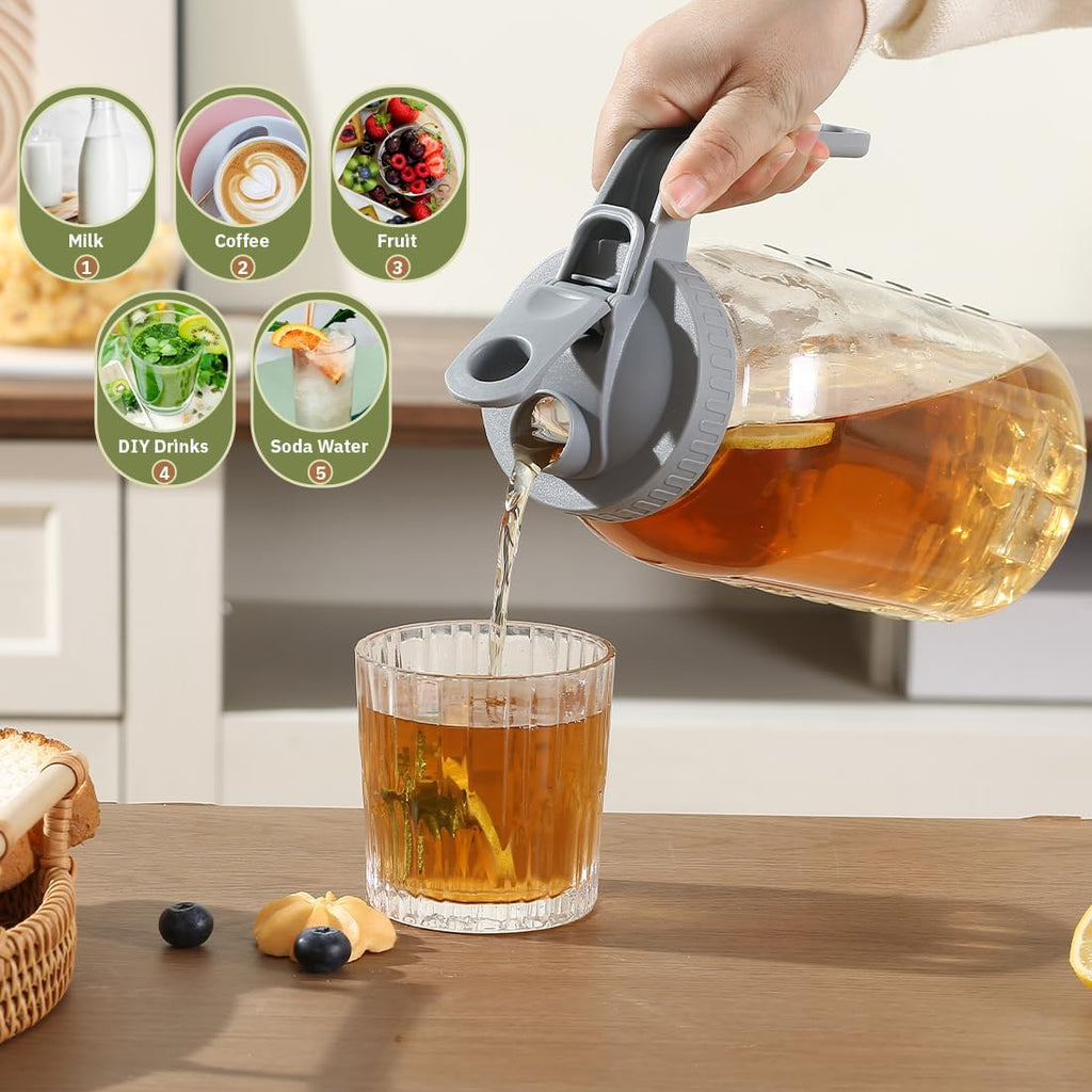 Glass Tea Pitcher with Wide Mouth Airtight Lid Leak Proof Fridge Container with Gray Lid Mason Jar for Water, Tea,Juice and Drinks (2 Pack-64OZ)