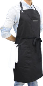 Black Cotton Kitchen Apron, Mens Womens Professional Cooking Bib Apron for Chef Grill BBQ, with Pockets Towel Loop and Adjustable Neck Strap