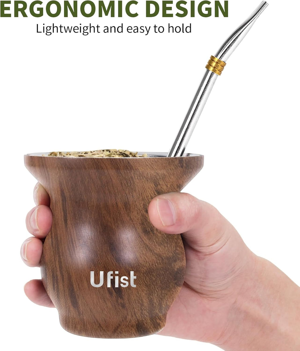Yerba Mate Cup Set, Include Stainless Steel Double-Wall Mate Gourd with 2 Bombilla Straws and Cleaning Brush, 7.8oz Capacity (Wood Grain)