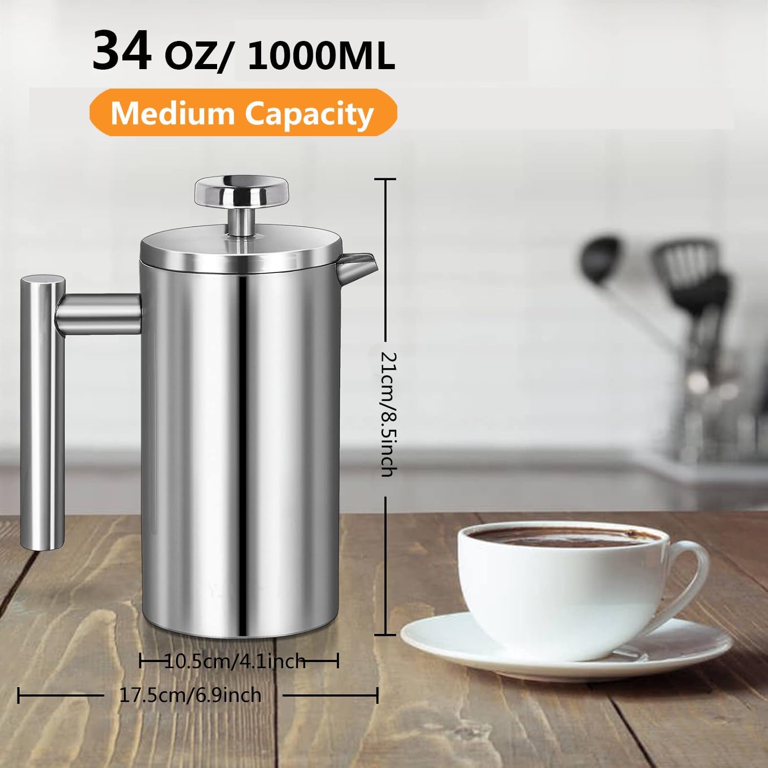 French Press Coffee Maker 34oz, Double-Wall Insulated French Press Stainless Steel 1L for travel camping, Included 2 Extra Screens and 1 Coffee Spoon （6-8cup 1000ml）