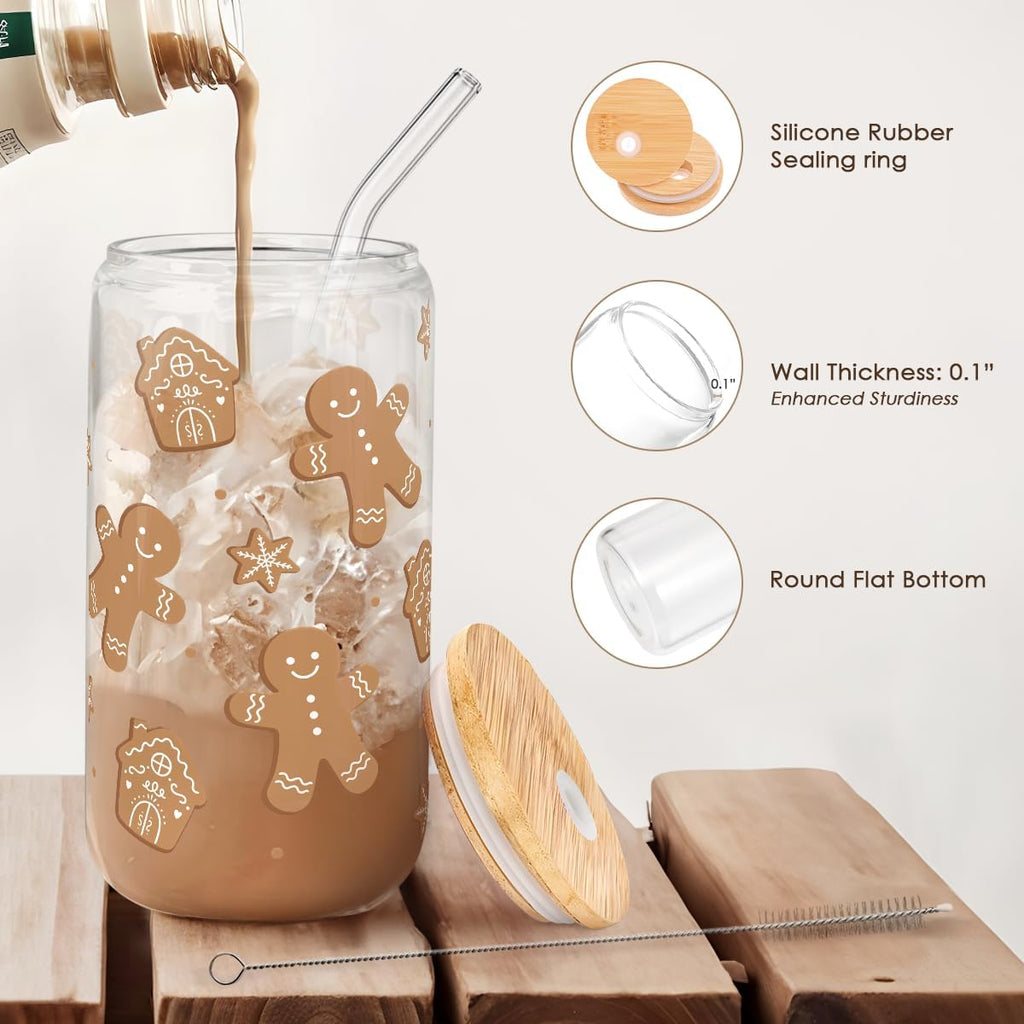Gingerbread Christmas 16oz Can Glass Tumbler with Bamboo Lid & Straw - Iced Coffee Cup for Women Girls, Aesthetic Cups Gifts for Xmas