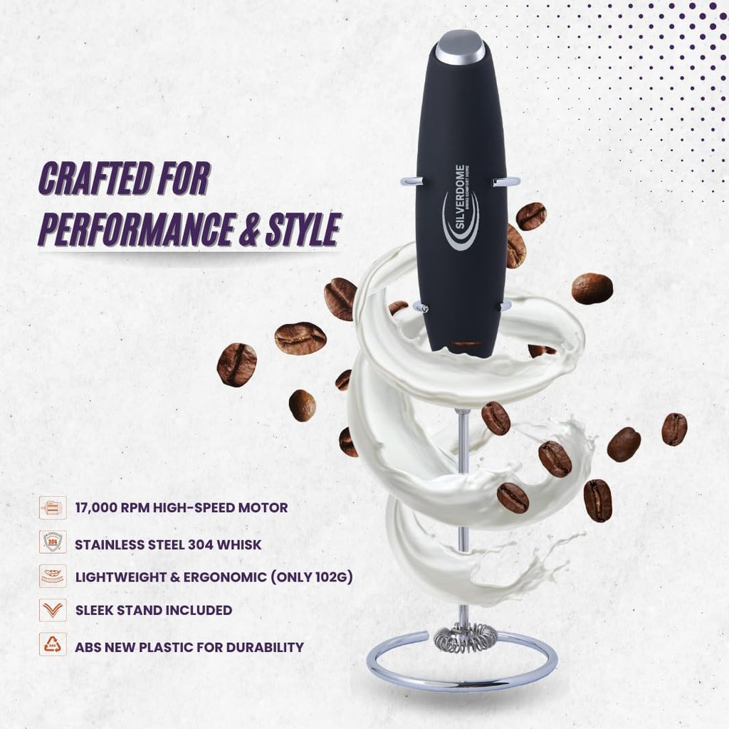Silverdome's Powerful Handheld Milk Frother, Stainless Steel whisk for Silky Foam in Seconds, Battery Operated(Not Included), Perfect for café-style drinks, Coffee, Lattes, Cappuccino, Hot Chocolate.