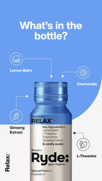 Ryde: Relax Shot | Raspberry Flavor | Lemon Balm, L-Theanine, Ginseng & Chamomile |0 Calories, 0 Sugar | 2 FL OZ Shots | Helps You Relax* (24 Pack)