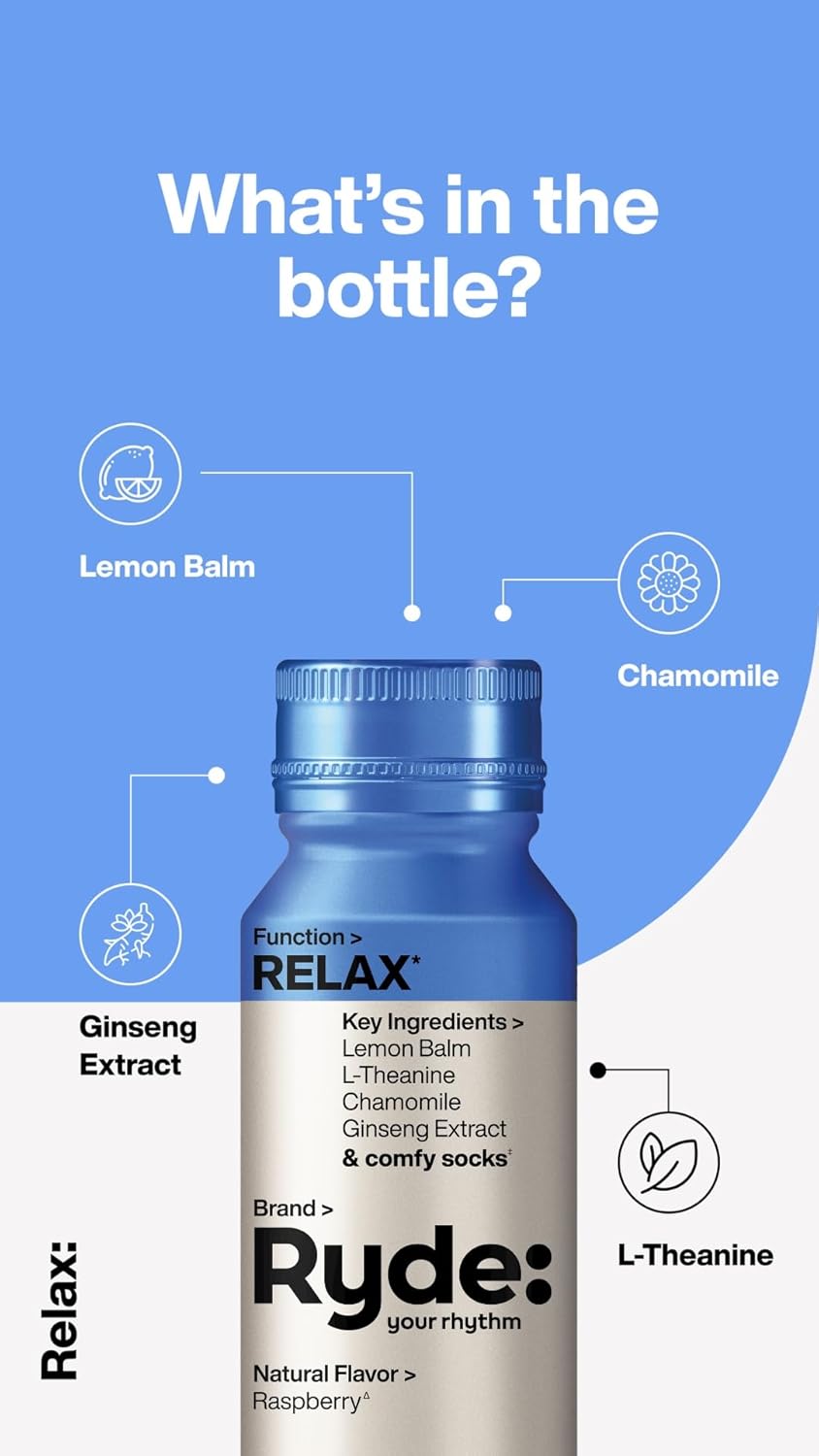Ryde: Relax Shot | Raspberry Flavor | Lemon Balm, L-Theanine, Ginseng & Chamomile |0 Calories, 0 Sugar | 2 FL OZ Shots | Helps You Relax* (24 Pack)