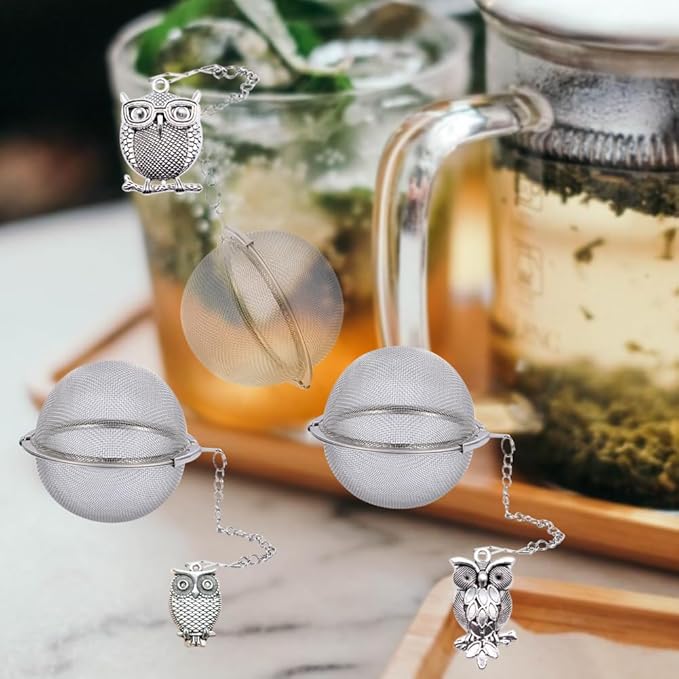 Tea Infusers for Loose Tea 3 Sets Tea Infuser Loose Leaf Tea Steeper Tea Stainless Steel Ball Mesh Tea Strainer Filters with Crtstal Pendant (Metal Owl)