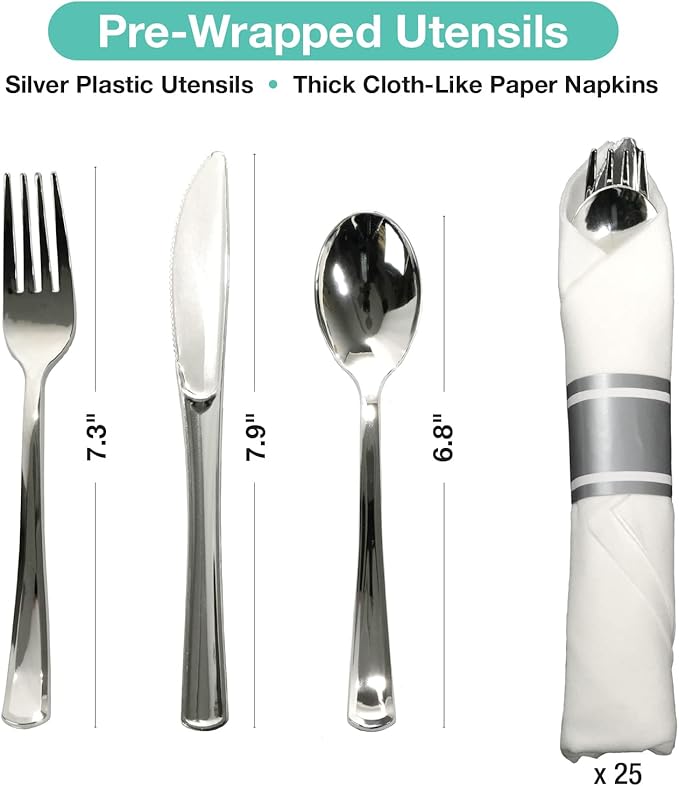 Pre Wrapped Cutlery Set- 25 sets of Fork, Knife, Spoon wrapped in a napkin - 25 Small Plates- 25 Big Plates (Silver)