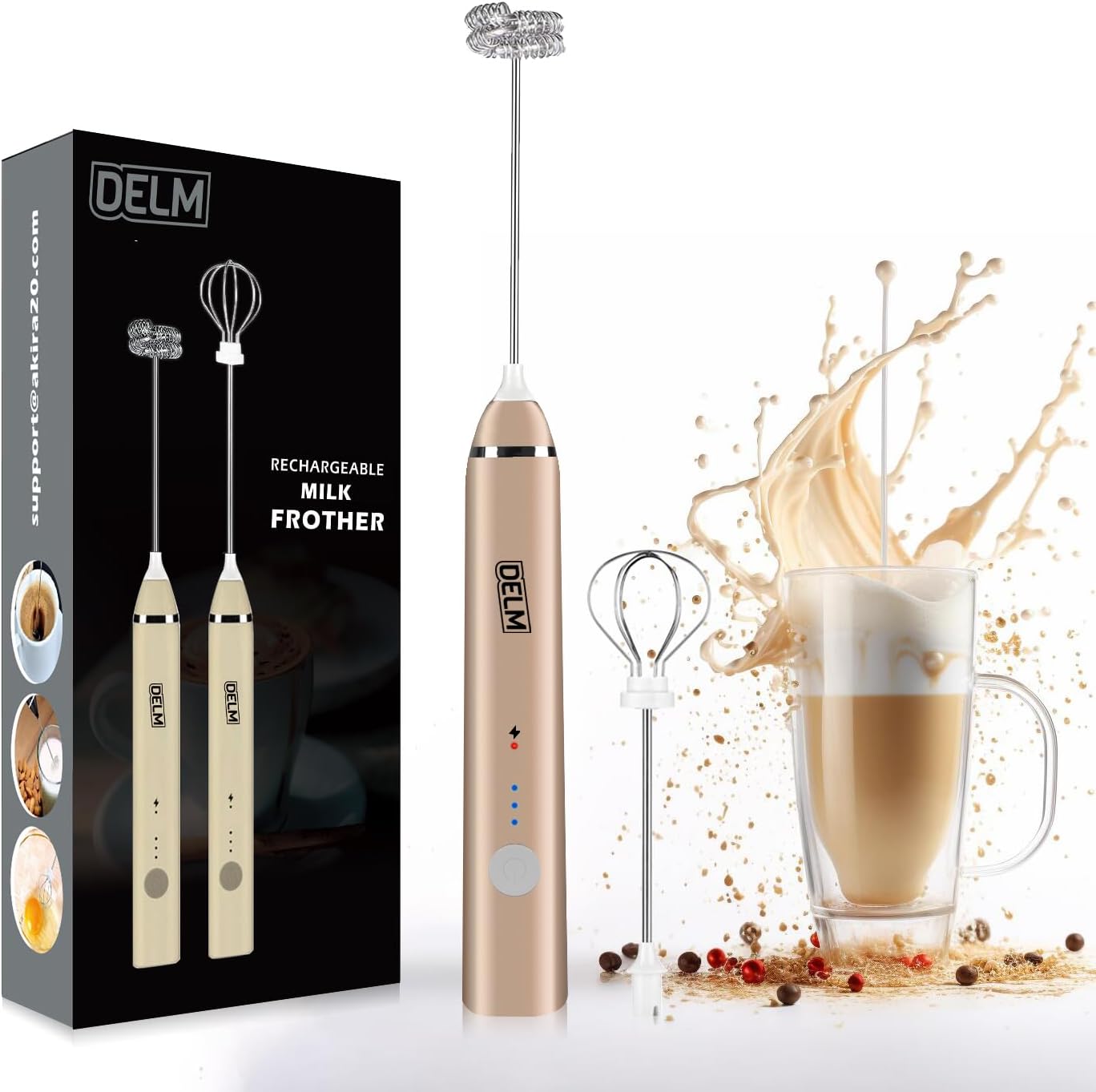 Delm Milk Frother Electric USB Stainless Steel Accessory - Frother Wand Foam Maker for Lattes - Milk Frother Handheld for Cappuccino, Frappe, Matcha, Hot Chocolate - Frother for Coffee (beige/gold)