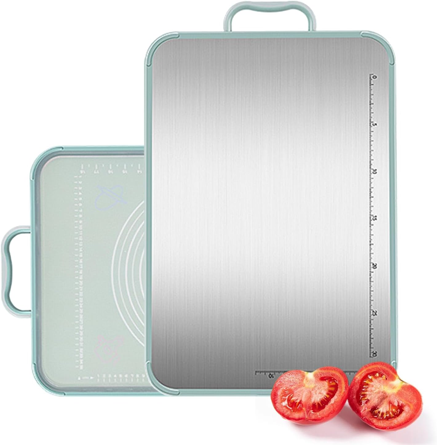 Stainless Steel Cutting Board, Double Sided Chopping Board with Scale for Pastry, 2-In-1 Cutting Board with Juice Groove and Anti Slip Surface