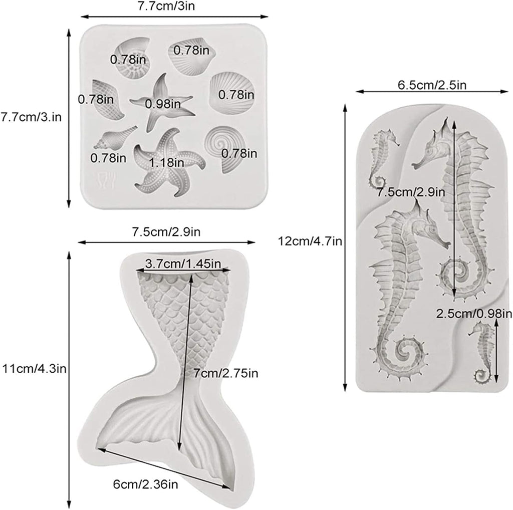 MEMOVAN Mermaid Theme Cake Fondant Mold 3pcs Seahorse Seashell Starfish Mermaid Tail Under the Sea Silicone Baking Mold for Chocolate Candy Cake Decoration Polymer Clay Gum Paste Craft