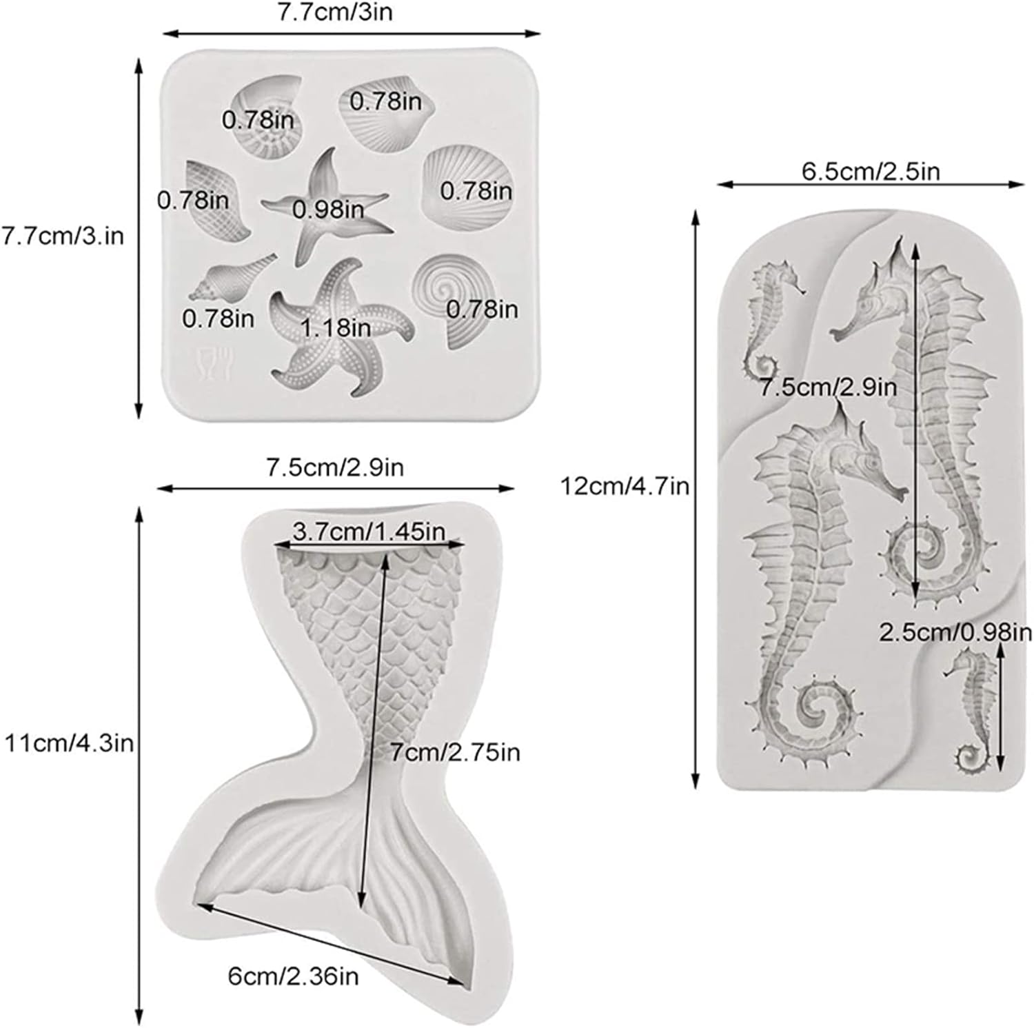 MEMOVAN Mermaid Theme Cake Fondant Mold 3pcs Seahorse Seashell Starfish Mermaid Tail Under the Sea Silicone Baking Mold for Chocolate Candy Cake Decoration Polymer Clay Gum Paste Craft