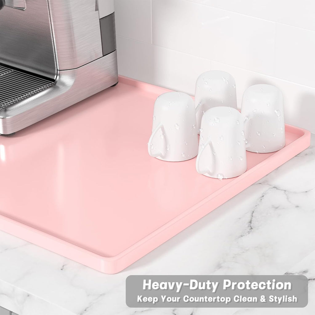 Rnivvi Silicone Coffee Mat, 12" x 19" Waterproof Raised Edge Coffee Bar Mats for Espresso Machine Station Accessories, Heat Resistant Dish Drying Pad for Kitchen Counter, Rubber Bar Decor Pad, Pink