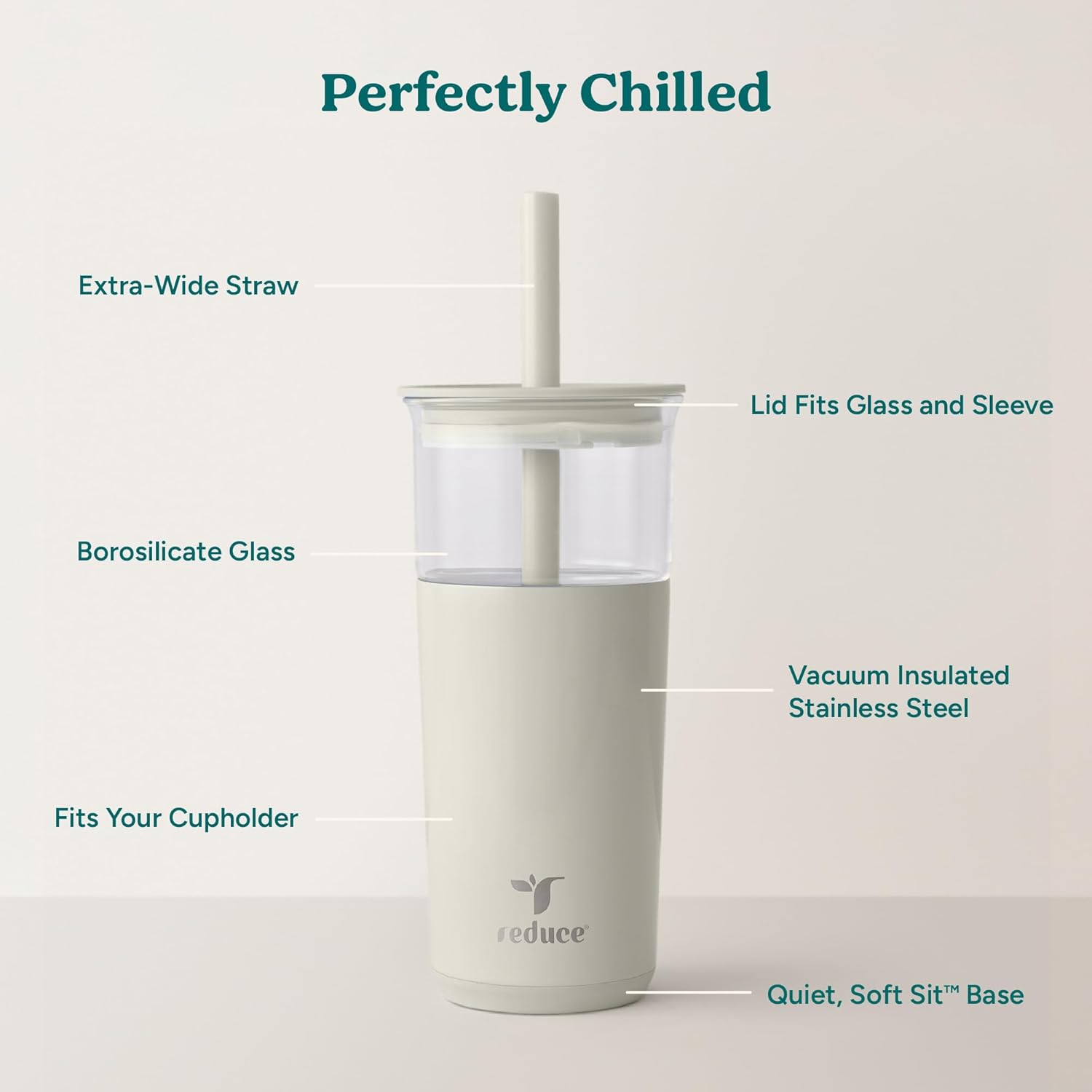 REDUCE Aspen 20 oz Vacuum Insulated Glass Tumbler with Lid & Extra Wide Straw - Keeps Drinks Cold for 12 Hrs - Ideal for Iced Coffee, Smoothies & Boba - Dishwasher Safe, Soft Base - Unbleached