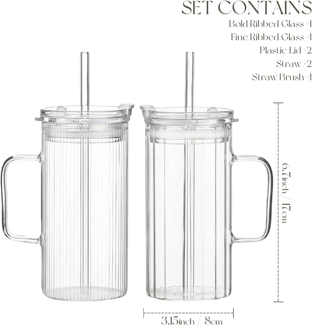 KEMORELA 2PCS Glass Tumbler with Lid and Straw - 24oz Ribbed Drinking Cups with Straw & Lid, Iced Coffee Cups - Reusable Glass Tumblers for Tea, Juice, Bubble Tea