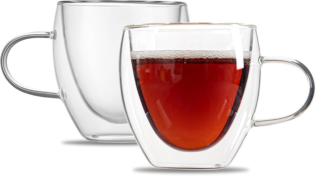 Restaurantware-Forma Professional 5.1 Ounce Glass Coffee Cups, 2 Insulated Coffee Cups With Handle - Dishwashable, Reusable, Clear Double Wall Beverage Tumblers, Freezable, For Hot Or Cold Beverages