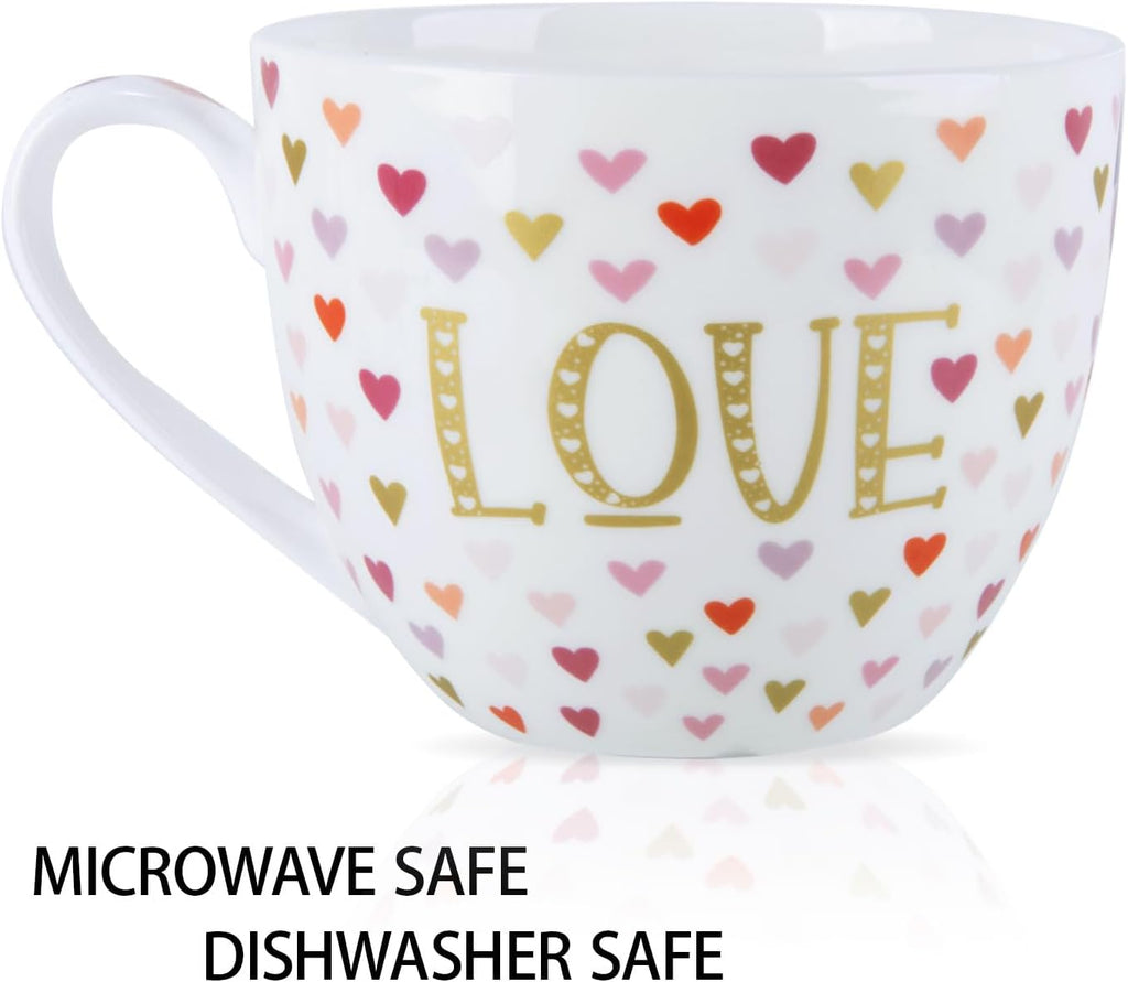 LOVE Mug with Hearts for Daily Coffee and Tea, Premium 20 oz Bone China Coffee Tea Hug Mug, Perfect Holiday, Valentine’s, and Birthday Gift for Loved Ones, Designed in England by Harvest Green Studio