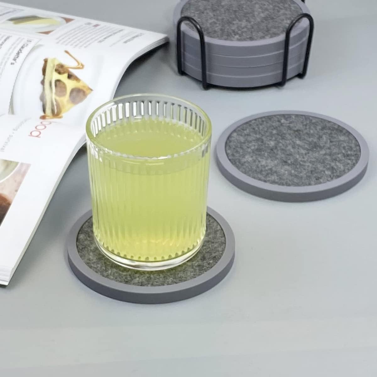 Absorbent Coasters for Drinks with Holder - 6packs, Silicone Coaster with Soft Felt Insert (4.3 inch Coasters with 4.5 inch Holder, t, Black and Gray)