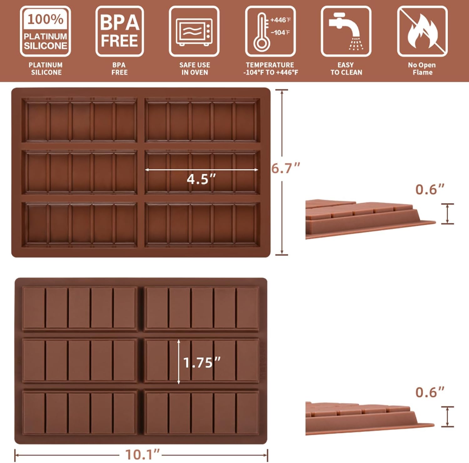 Silicone Chocolate Bar Mold Reusable-Nonstick Baking Molds for Homemade Candy, Ice Cubes, DIY Treats 2 Pack (5 Snap)