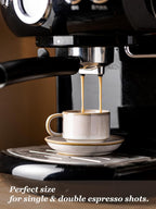 Gomakren 2.5 Ounce Espresso Cups Set of 4, Small Stackable Coffee Cups with Saucers and Metal Stand, Porcelain Demitasse Cups for Specialty Coffee Drinks, Espresso, Cappuccino, Latte, Tea, White