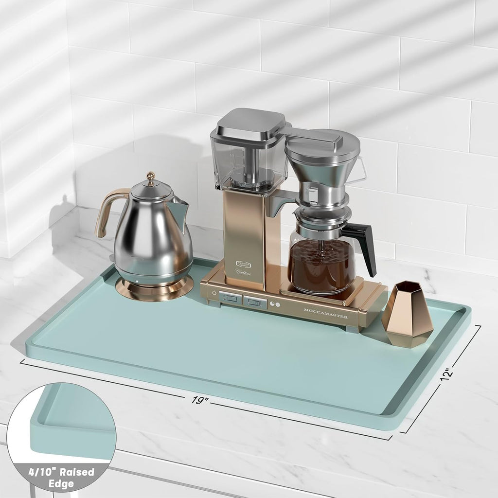 Rnivvi Silicone Coffee Mat, 12" x 19" Waterproof Raised Edge Coffee Bar Mats for Espresso Machine Station Accessories, Heat Resistant Dish Drying Pad for Kitchen Counter, Bar Decor Pad, Shadow Green