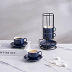 YOLIFE 2.5oz Porcelain Stackable Espresso Cups with Saucers and Metal Stand Set of 4, Stackable Cappuccino Cups, Blue Expresso Shots Cup Set for Coffee Drinks, Latte, Tea