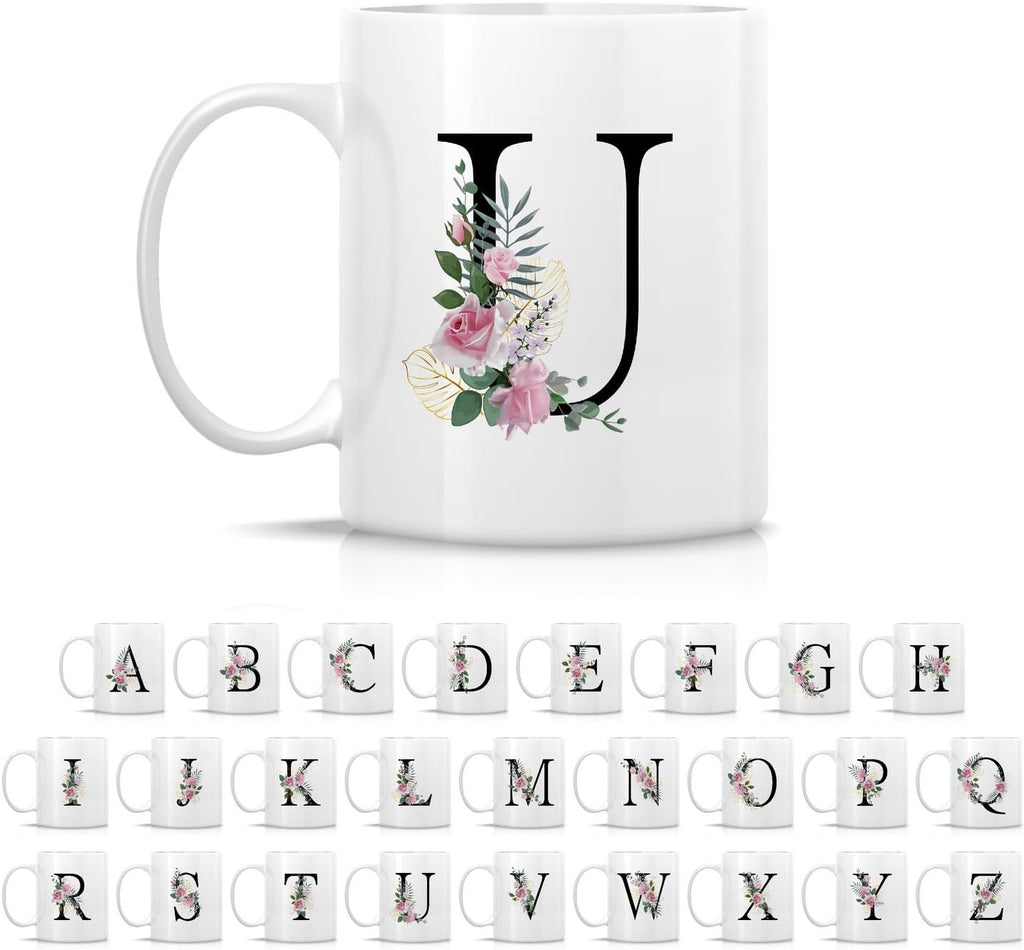 Retreez Initial A-Z Floral Botanical Bouquet Alphabet Monogrammed Monogram Mug 11 Oz Ceramic Tea Coffee Mugs - Appreciation Thank You Wedding Birthday Gifts for her friend coworker sister - U Initial
