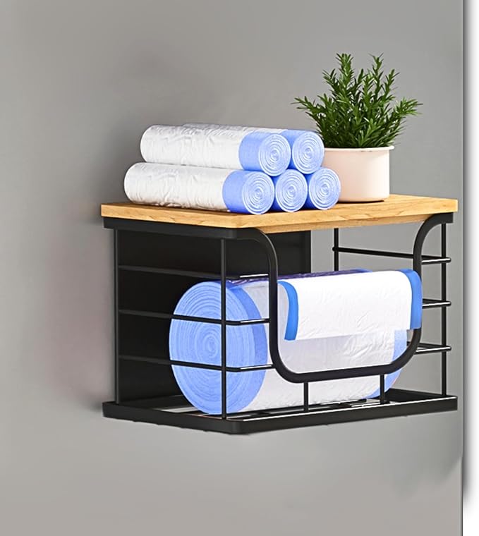 Ofiray-home Magnetic Shelf for Fridge Trash Bag Storage, 1 Pack Stackable Garbage Bag Holder with Bamboo Lid, Magnetic Storage Bin for Refrigerator, Under Sink, Kitchen Pantry Organization – Black