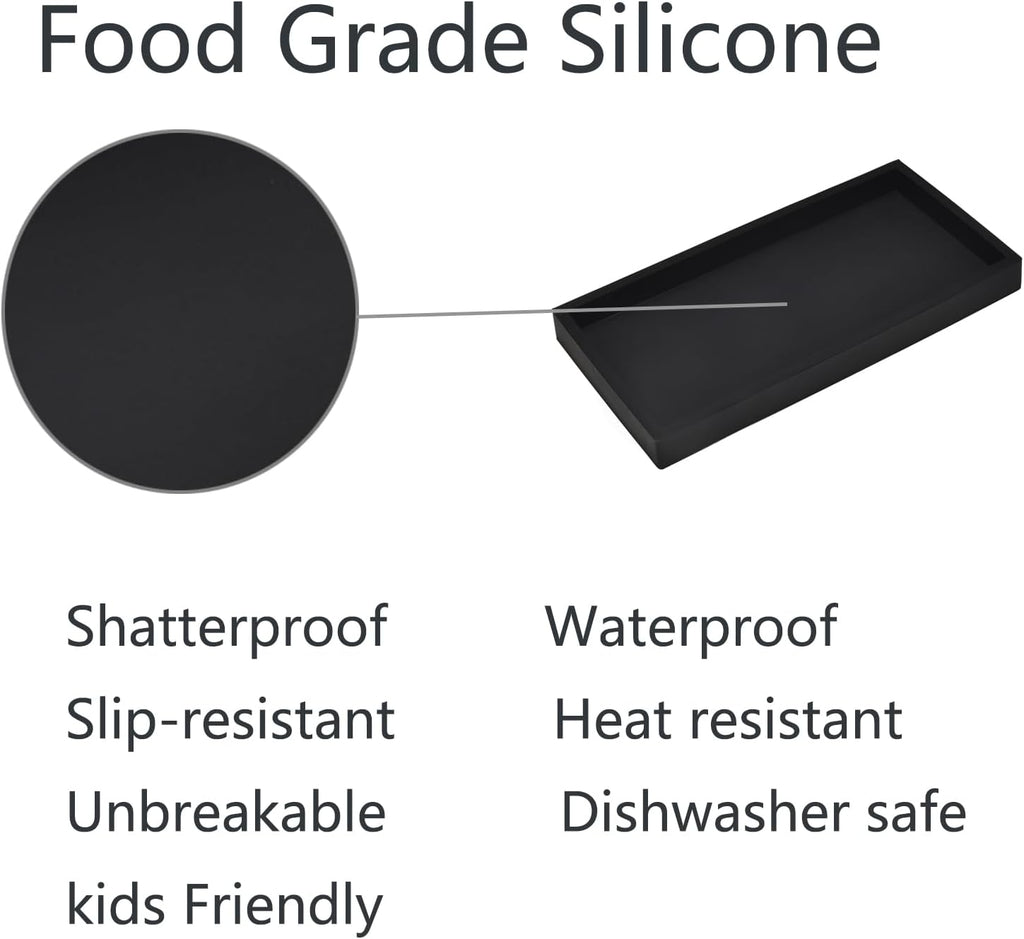 DNC Bathroom Vanity Tray for Counter, 2PC (7.9" +11.8") Silicone Kitchen Sink Soap Tray for Countertop Dish Holder Dispenser Toilet Tank Desk Organizer Black
