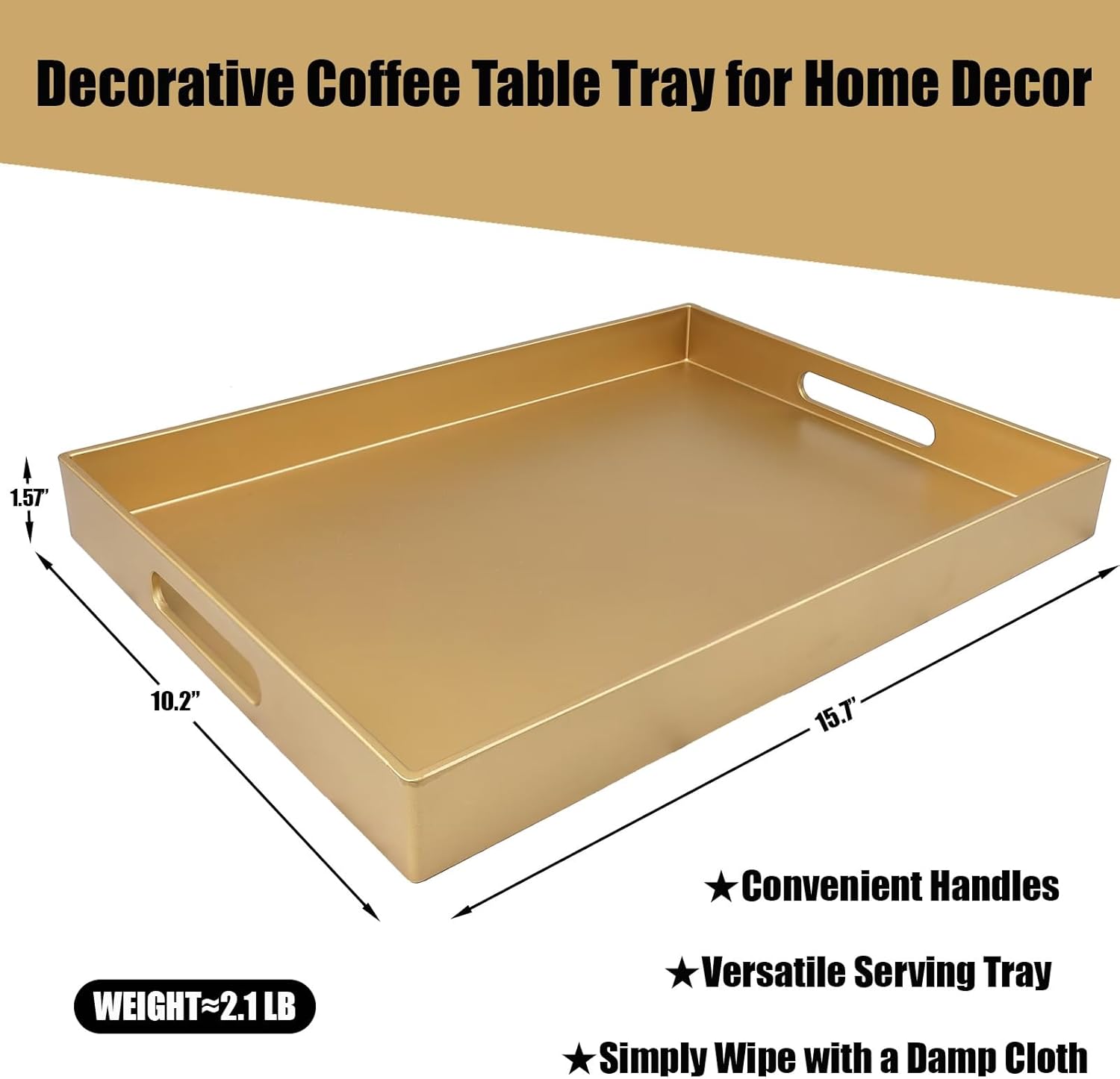 Gold Serving Tray for Coffee Table, Rectangular Plastic Decorative Tray with Handles for Entertaining, Outdoor Patio, Living Room, Ottoman, Bathroom Counter, 11.8”*15.7”*1.6”