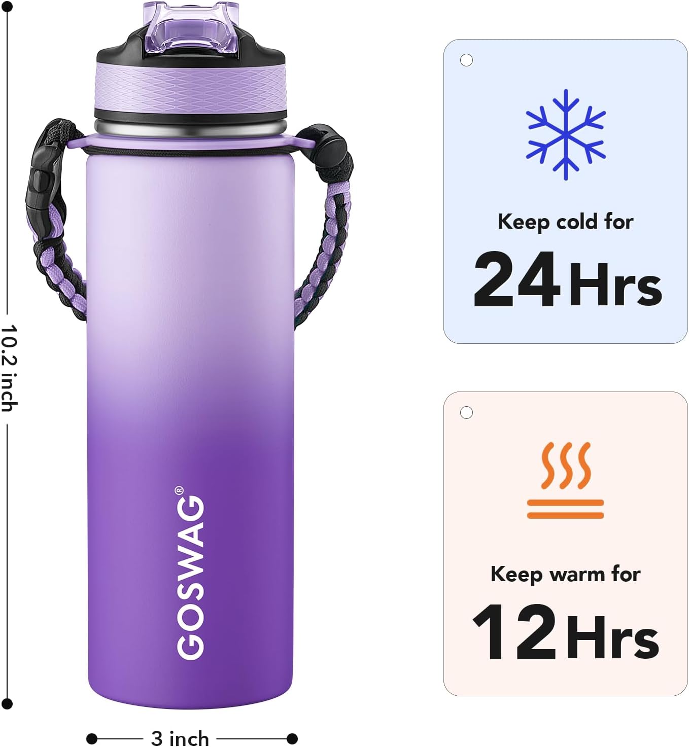 GOSWAG Insulated Sports Water Bottle, 24oz 2 Lids(with Straw/No Straw), Stainless Steel Water Bottles with Paracord Handle, Insulated Bottle with Double-Wall Vacuum Insulation