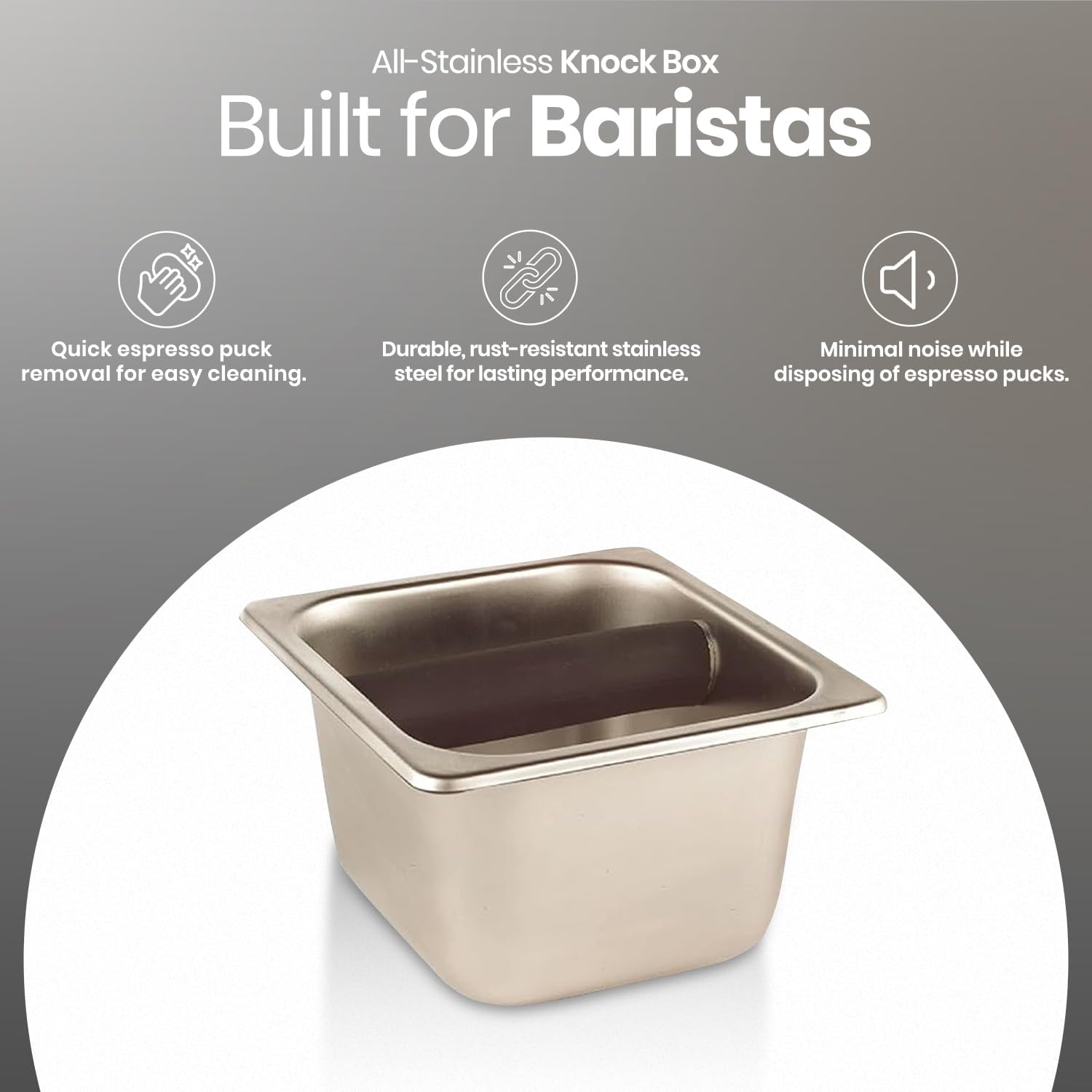 Rattleware Heavy-Duty Stainless Steel Knock Box Espresso Puck Disposal Durable Commercial Grade with Welded Bar Splash Guard All-Stainless Design for Busy Cafes and Home Baristas (6" x 5.5" x 4")