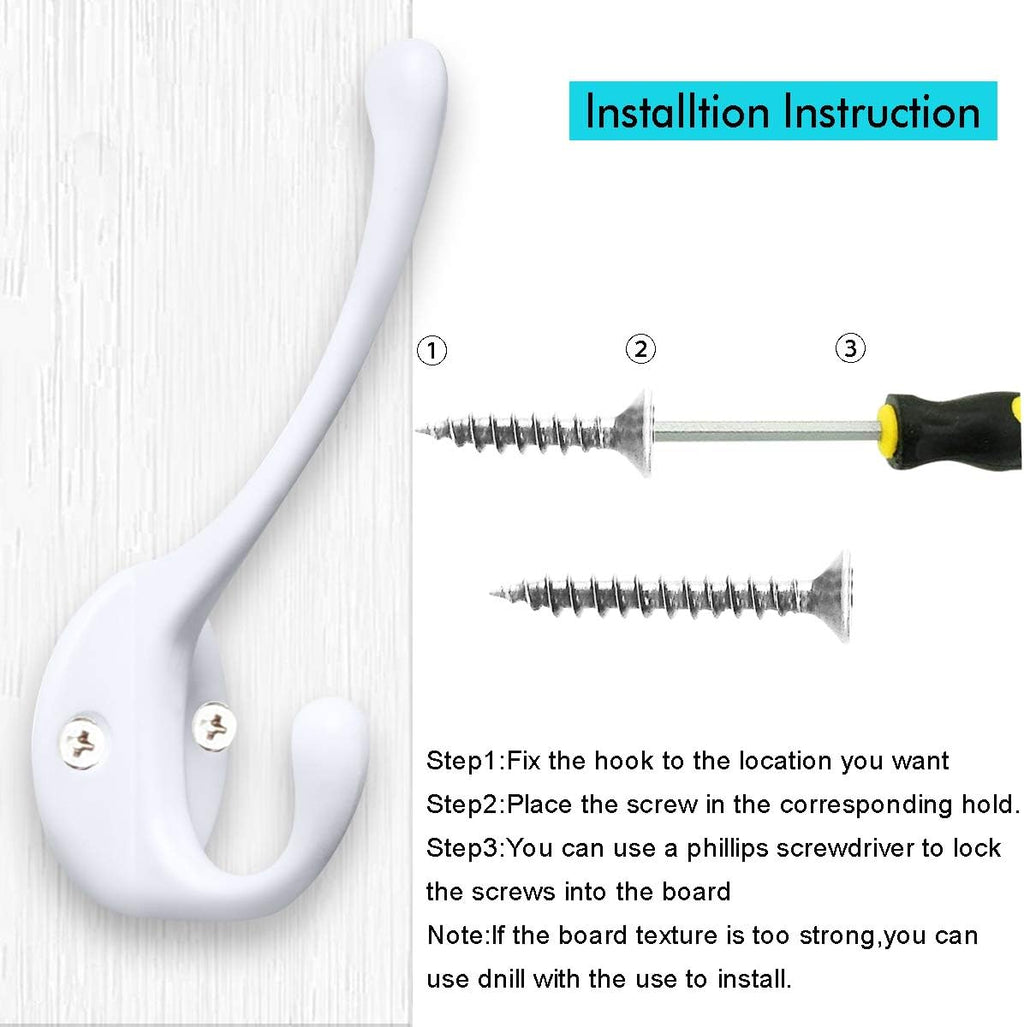 10 Pack Heavy Duty Dual Coat Hooks Wall Mounted with 20 Screws Retro Double Hooks Utility Black Hooks for Coat, Scarf, Bag, Towel, Key, Cap, Cup, Hat (White)