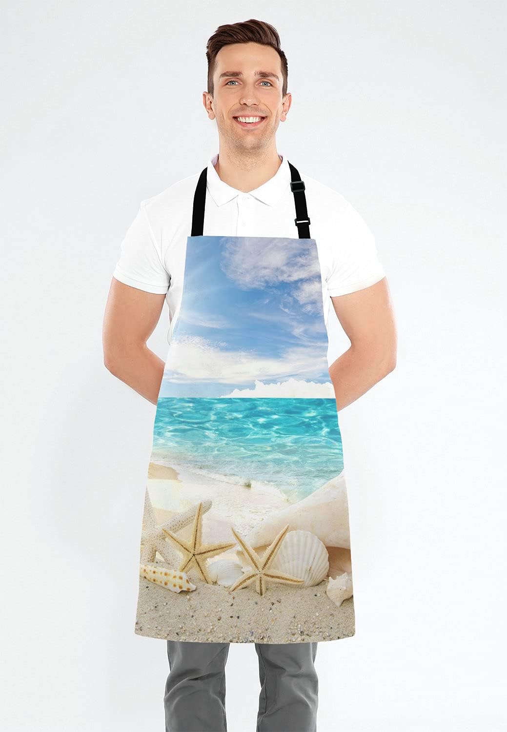 Caribbean Samana Beach Adjustable Bib Apron, Starfish Sea Shells Cooking Kitchen Apron for Men Women