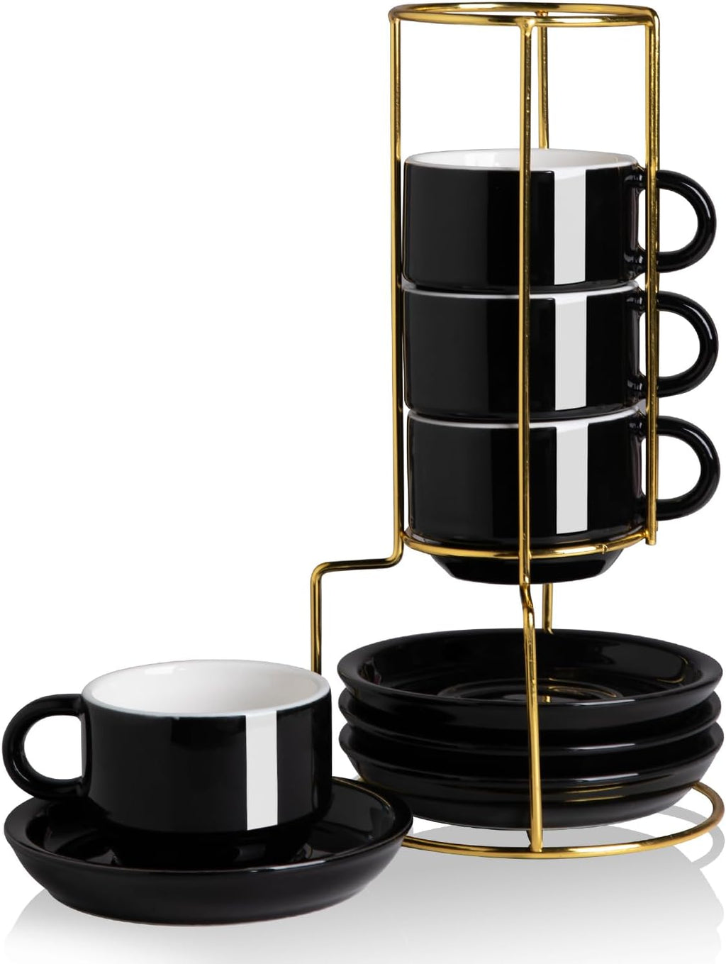 Sweejar Porcelain Espresso Cups with Saucers, 4 Ounce Stackable Cappuccino Cups with Metal Stand for Coffee Drinks, Latte, Tea - Set of 4 (Black Gold Stand)