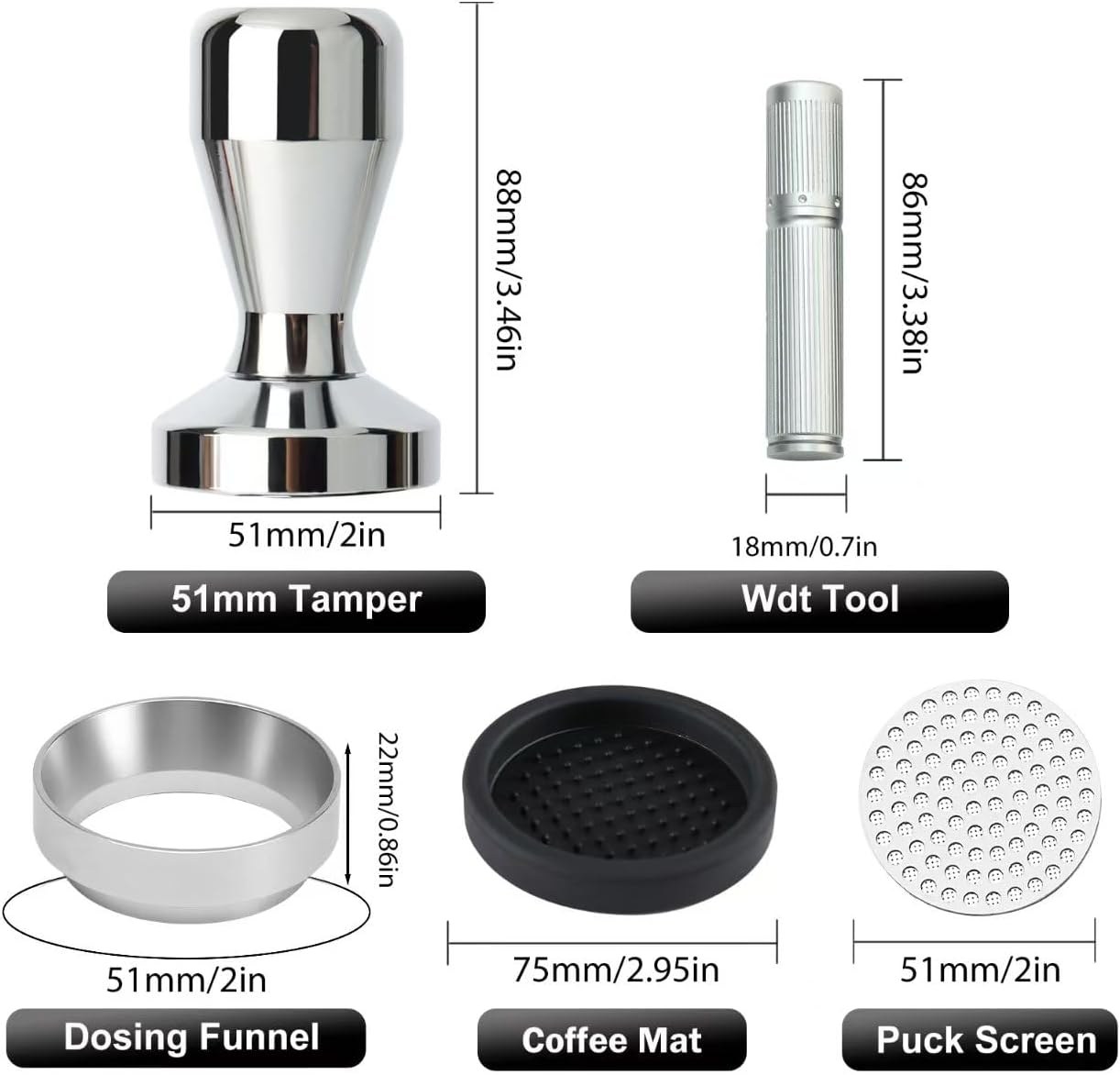 51mm Espresso Accessories Kit,Wdt Tool Espresso,Solid Espresso Tamper,Dosing Funnel and Coffee Puck Screen,Silicone Tamper Mat,0.4mm Stainless Steel 6pin Espresso Stirrer,Barista Tools Espresso Kit
