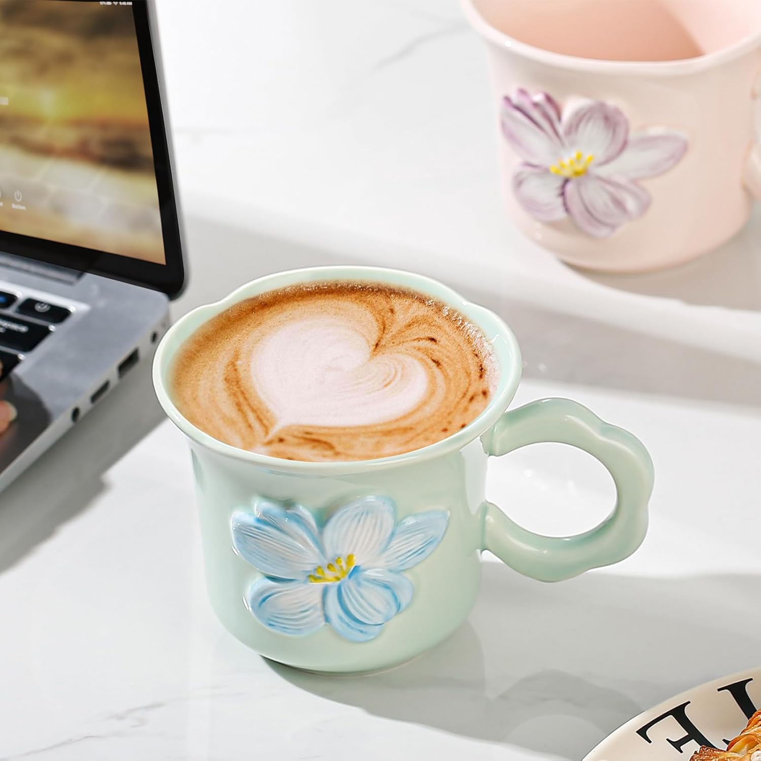 Cute Floral Coffee Mug Set of 4-12oz Ceramic Flower Embossed Cups with Petal Handles, Dishwasher and Microwave Safe