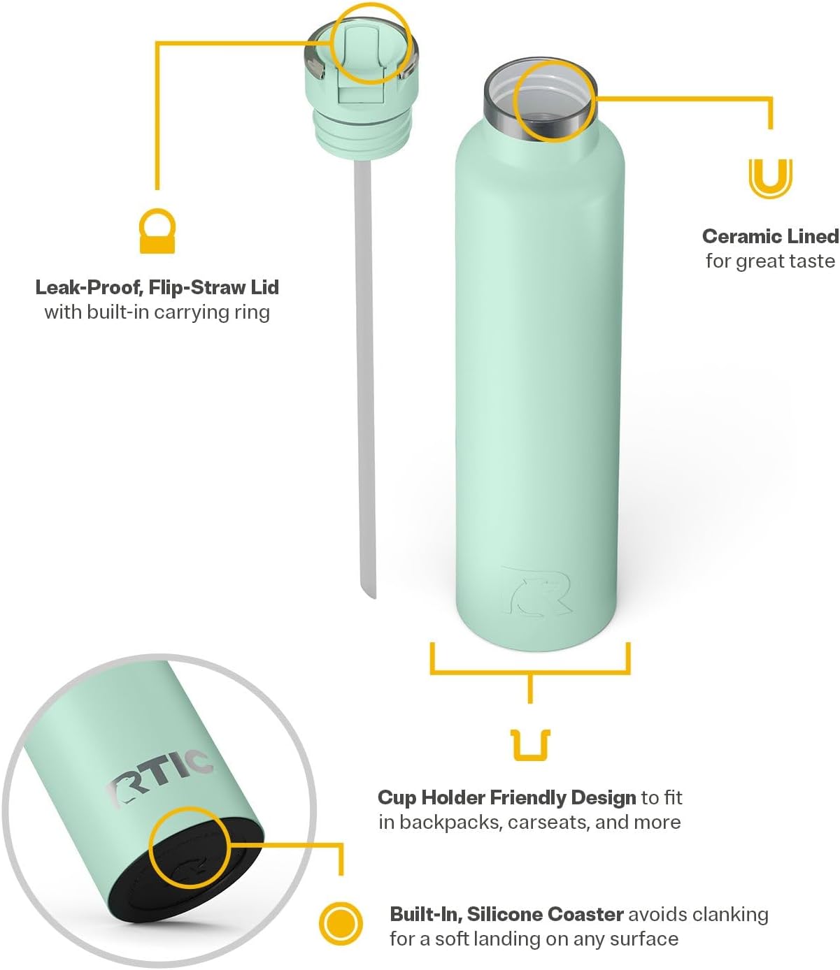 RTIC 26oz Journey Bottle Metal Stainless Steel Vacuum Insulated, BPA Free, Reusable, for Water, Hot and Cold Drinks, Travel, Sports, Camping, Fresh Mint