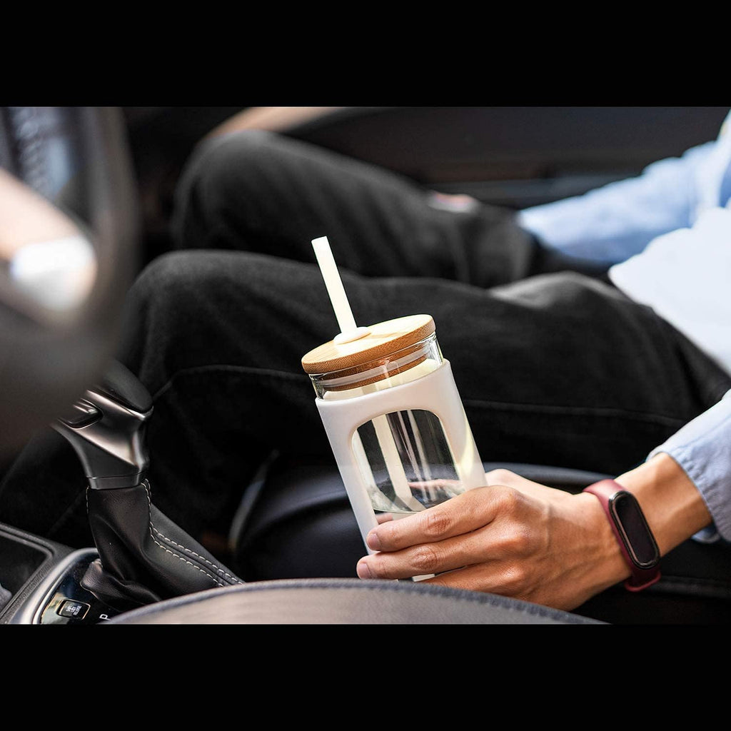 Kodrine 20oz Glass Tumbler with Straw and Lid, Bamboo Lids Water Bottle, Reusable Iced Coffee Cups, Wide Mouth Smoothie Cup with Protective Silicone Sleeve BPA FREE-White+Pink-2pack